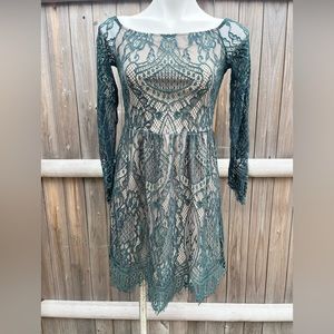 Love Fire Green Lace Long Sleeve Dress with Nude Underlay